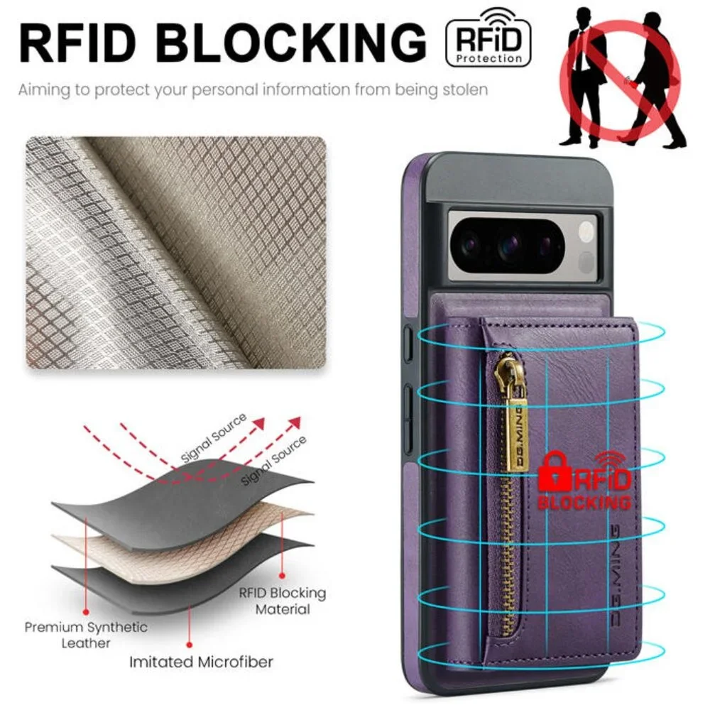 DG.MING M5 For Pixel‎ 8 Pro Magnetic Detachable Zipper Wallet Case RFID Blocking